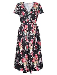 PRIMODA - Vestido de verano para mujer, estilo bohemio con flores, cuello en V, manga corta, con bolsillos y cinturón