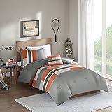 Comfort Spaces Pierre 3 Piece Comforter Set All Season Ultra Soft Hypoallergenic Microfiber Pipeline Stripe Boys Dormitory Bedding, Twin/Twin XL, Orange Grey
