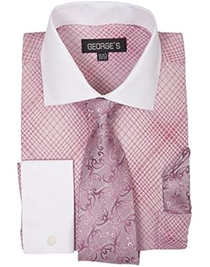 Small Check Pattern Dress Shirt w/Tie Set & French Cuff AH6244