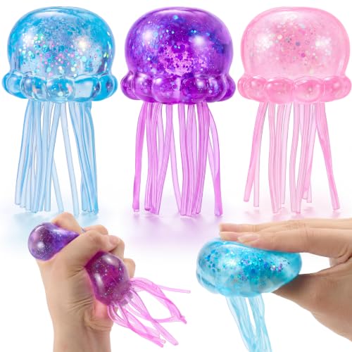 JOYIN 3PCS Jellyfish Stress Relief Toys, Jellyfish Glitter Squishy Toys, Slow Rising Toy for Kids Adults, Anxiety Relief Fidget Toy, Soft Squeeze Decompression Dough for Gifts, Party Favors