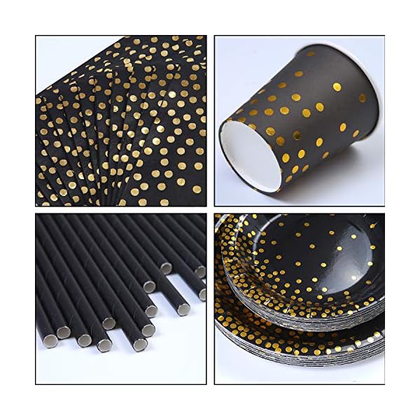 ANECO 146 pieces Black With Gold Foil Party Supplies Disposable Party Tableware Set for Graduation, Party, for 24 Guests
