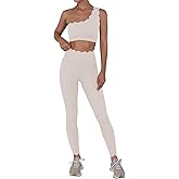 Fisoew Workout Sets for Women 2 Piece High Waisted Leggings with One Shoulder Stretchy Sports Bra Gym Tracksuits