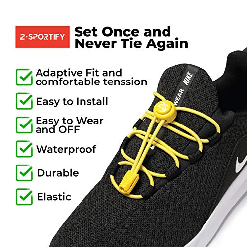 2SPORTIFY 2 Pack No Tie Shoelaces for Kids and Adults - Tieless Elastic Shoe lace with Lock for Sneakers Rubber - Round Shoe Laces (Black-Black)
