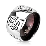 STR-0010 Stainless Steel Two Tone Black IP with Grooved Rose Band Ring; Comes With Free Gift Box