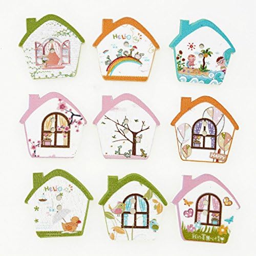 YIDEA 100PCS Assorted Color Cute House Wood 2 Holes Scrapbooking Sewing Buttons for Clothing Accessory Decoration 26*27mm