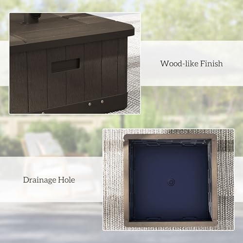 Outsunny 3-in-1 Outdoor Umbrella Base, Coffee End Table, Flower Box Planter with Drain Hole, Square Plastic 176lb Sand Fillable Patio Umbrella Stand Table w/Wheels, Handles, Brown