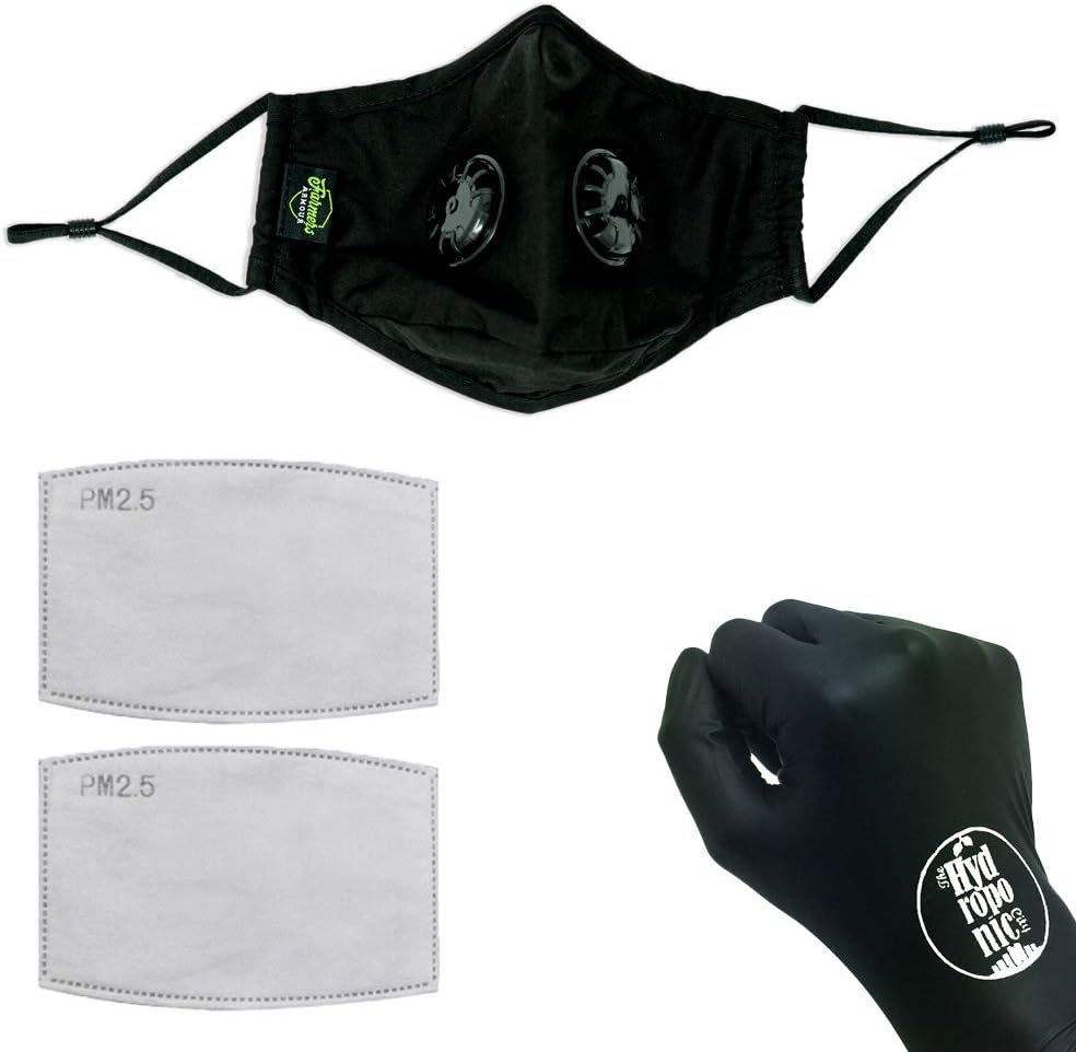 Farmers Armour Black Cloth Dust Breathing Mask with 2 Valves & 2 Replaceable Activated Carbon N99 Filter + THCity Gloves
