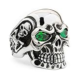 LINSION Gothic 316L Stainless Steel Skull Ring Engraved Green CZ Eyes Black Silver Tone Jewerly 3A301