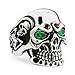LINSION Gothic 316L Stainless Steel Skull Ring Engraved Green CZ Eyes Black Silver Tone Jewerly 3A301