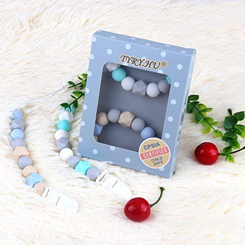 TYRY.HU Silicone Pacifier Clips(2 Pack), Modern Binky Holder Chains with Teething Beads for Boys Girls Baby Shower Gift, Universal Fit MAM, Philips Avent Soothie Pacifiers, Teether Toys(Blue,Green)