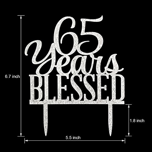 Glitter Silver Acrylic 65 Years Blessed Cake Topper, 65th Birthday Anniversary Party Decorations (65, Silver)