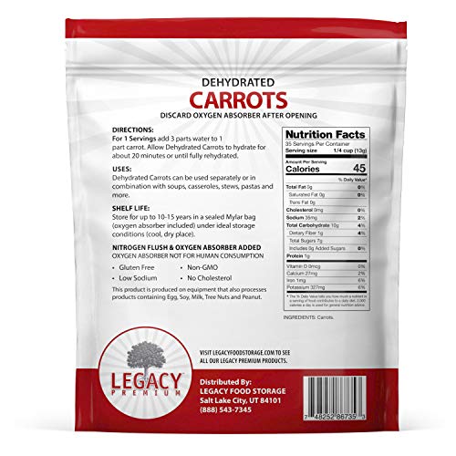 Legacy Essentials Dehydrated Carrots: Long Shelf Life Emergency Survival Vegetables - Great for Camping, Ingredients, Food Storage, More (Quantity 1)