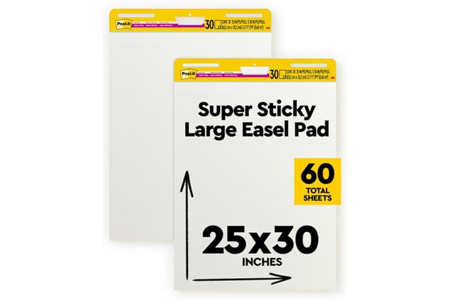 Post-it Super Sticky Easel Pad, 25 x 30 Inches, 30 Sheets Per Pad, 4 Pads, Large, White, Premium Self Stick Flip Chart Paper,