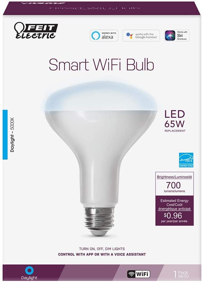 Feit Electric Smart BR30 Wifi Bulb, 5000K Daylight, 2.4GHz WIFI, No Hub