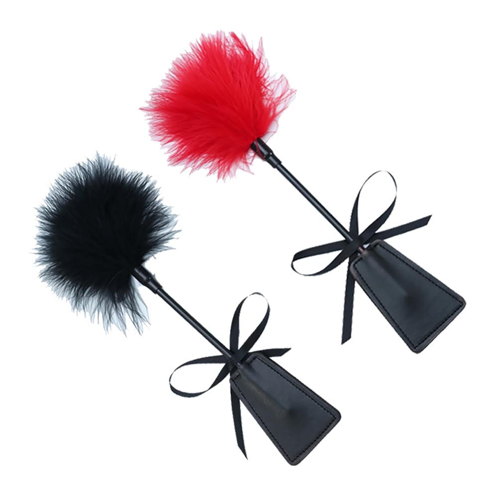 JIHUOO PU Leather Paddle Horse Riding Crop Whip Long Horse Whips Feather Cleaning Duster Equestrian Crops Bedroom Role Play Toys for Adults Black and Red