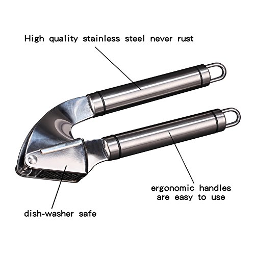 HiramWare Garlic Press, Stainless Steel Garlic Mincer with Peeler and Cleaning Brush, also Called Garlic Crusher or Garlic Squeezer, Dish-washer Safe Kitchen Gadgets, Tube Roller Made of