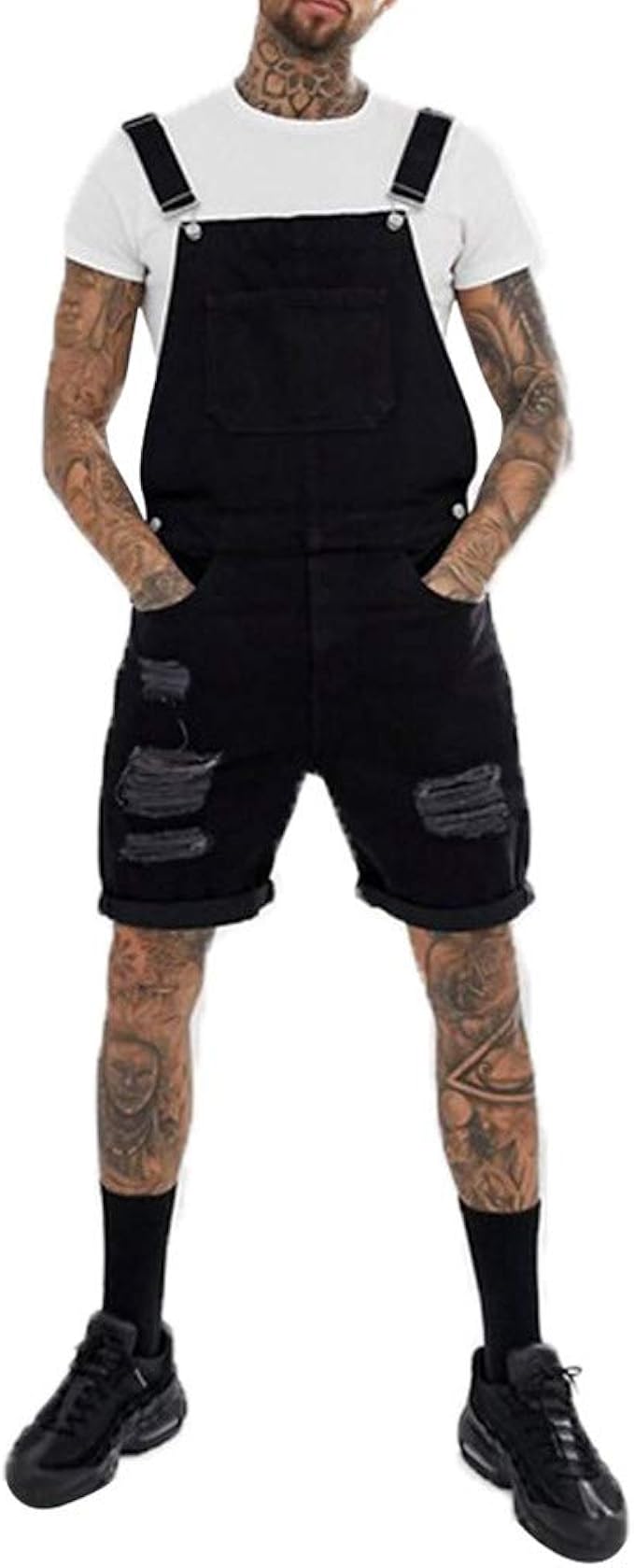 black mens overall shorts
