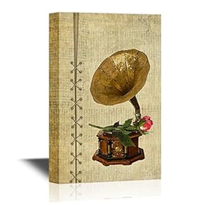 Music Canvas Wall Art - Vintage Gramophone and Rose - Gallery Wrap Modern Home Art | Ready to Hang - 12x18 inches