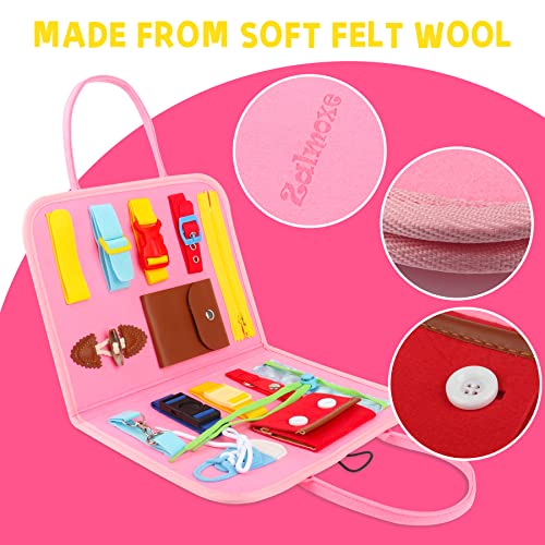 Zalmoxe Busy Board for Toddlers 1-4 Year Old - Sensory Toys with Buckles, Learning Dress Skills, Toddler Activities Travel Toys for Boys Girls (Pink)