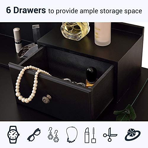 Vanity Makeup Table Set Tri-Folding Mirror Dressing Table with Padded Stool and 6 Drawers, Bedroom Vanity Table Writing Desk with Removable for Girls Women,Black