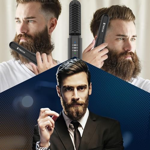 Beard Straightener Comb for Men, VIKICON Wireless Beard Straightening Brush, 3 Adjustable Temperature Levels, Rechargeable Ionic Brush for Hair & Beard, Anti-scalding, Portable (Black)
