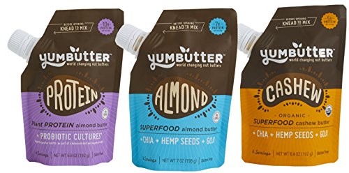 Yumbutter Nut and Seed Butter, Multi-Serving, Go-Anywhere pouch, 3 Count - Best Seller Three-Pack (Plant Protein + Probiotic, Superfood Almond Butter, Superfood Cashew Butter)