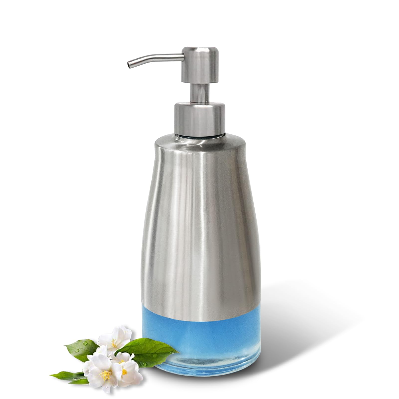 ILIKEPOW Soap Dispenser Clear Glass Liner Brushed Nickel Stainless Steel Case and Pump with Labels Washing up Liquid Dispenser for Kitchen, Bathroom