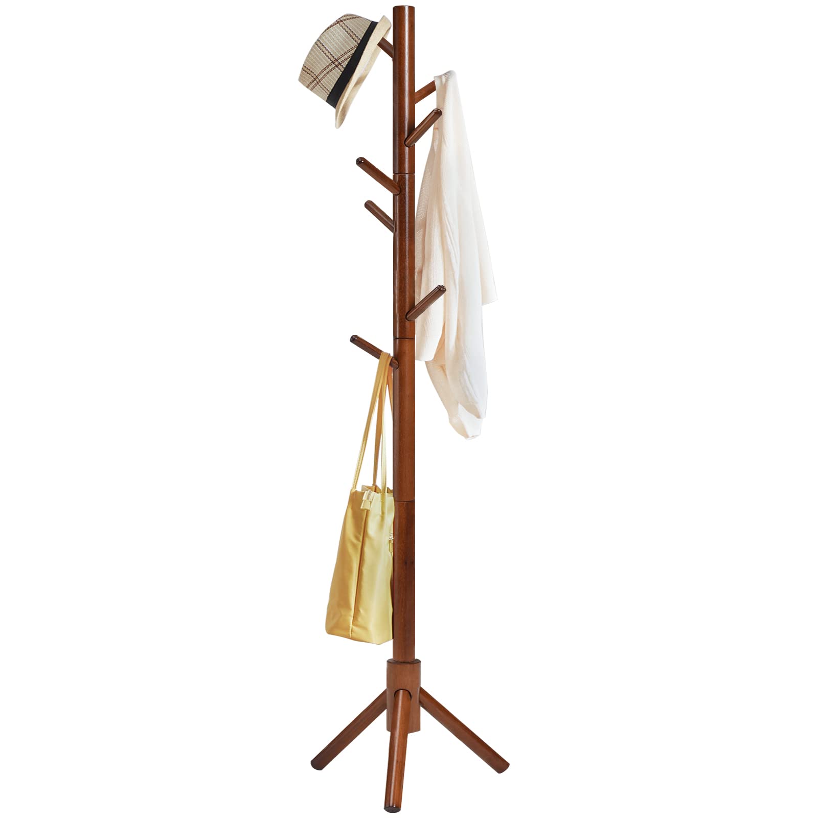 IBUYKE Wood Coat Rack Free Standing, Entryway Hall Tree Coat Tree, Adjustable Coat Tree with 8 Hooks, for Home or Office Clothes, Scarves, Handbags, Brown RF-1195