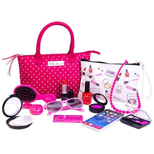 PixieCrush Deluxe Pretend Play Kid Purse Set for Girls with Handbag, Pretend Smart Phone, Keys, Pretend Makeup, Lipstick - Interactive & Educational Toy (Pink Polka Dot)