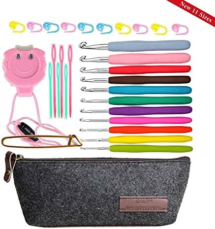 11 Sizes Crochet Hook Set,Ergonomic Grip Crochet Hooks Kit,With Crochet Hook Case Organizer,Comfort Grip Crochet NeedlesPlastic Sewing Yarn Needles,Stitch Markers,Row Counter &amp; More!