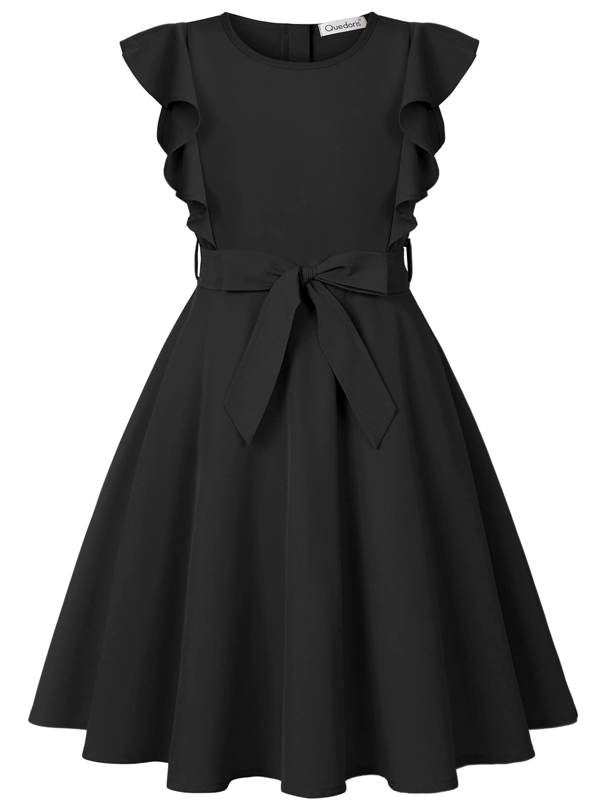 Quedoris Girls Ruffle Trim Dress Print and Solid Color A-line Swing Flared Belted Casual Party Dress with Zipper