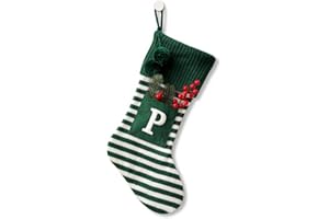 OJCHRLKF 20 Inches Initial Monogram Embroidered Christmas Stocking Striped knitted Christmas Decorations Stocking Red,White, Green Letter Stockings for Family Holiday and Xmas Tree Fireplace Decor-50-P-Green