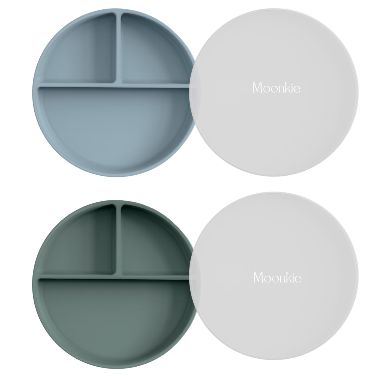 Moonkie Suction Plates for Babies & Toddlers | BPA-Free Weaning Plate with Lid | Silicone Divided Plate | Microwave and Dishwasher Safe - 2 Pack (Ether/Sage)