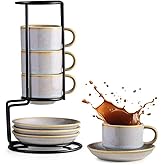 Gomakren 2.5 Ounce Espresso Cups Set of 4, Small Stackable Coffee Cups with Saucers and Metal Stand, Valentine Porcelain Demitasse Cups for Specialty Coffee Drinks, Espresso, Cappuccino, Latte, Gray