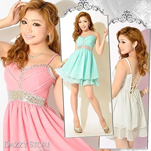 Amazon ノーブランド品 ビジュー付きシフォン背中編み上げキャミaラインミニドレス シンプル 無地 3 ブルー ワンピース チュニック 通販