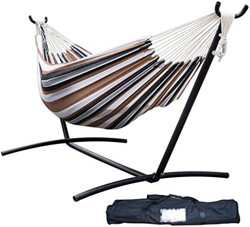 TOUCAN OUTDOOR Double Hammock with Space Saving Steel Stand Includes Portable Carrying Case (Tan Stripe)