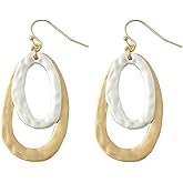 Two-Tone Double Oval Dangle Earrings - Boho Hammered Drop Earrings for Women Gold Silver Oval Dangle Earrings Bohemian Jewelry for Gift