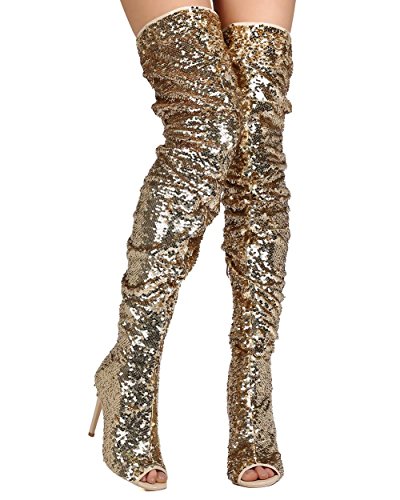 Cape Robbin GB18 Women Sequin Thigh High Slouchy Peep Toe Stiletto Boot  Gold (Size: