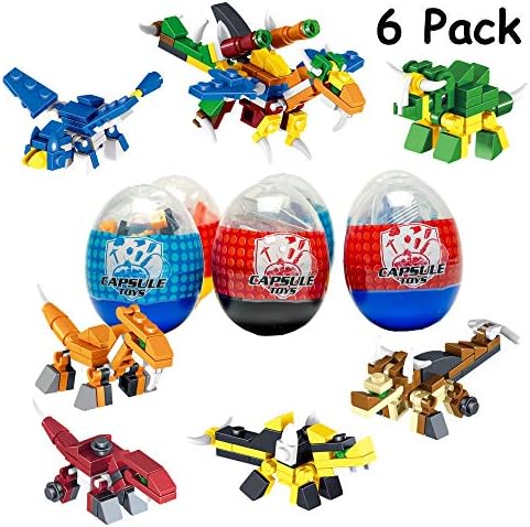 6 Pack Dinosaur Toy|52Pcs Mini Building Blocks 2in1 Transforming Dino STEM Toys in a in Jumbo Easter Egg 3.25 in, Kids, Boys, Girls, Easter Basket Stuffers, Fillers, Easter Egg Hunt, Easter Gifts