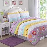 Cozy Line Home Fashions Floral Heart Print Reversible Girl Bedding Quilt Set, Bedspread, Coverlet (Flower Garden, Full/Queen - 3 Piece)