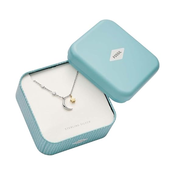 Fossil JFS00432998 Damen Collier Stern Mond Wish upon a star Sterling-Silber 925 Bicolor Gold Weiß Zirkonia 47 cm