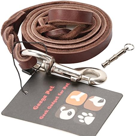 Dog Leather Leash,Geega Pet Heavy Duty Braided Dog Training Leash,Strong, Durable Dog Slip Lead with Dog training whistle(iron hook, 4-Feet x 1/2-Inch)