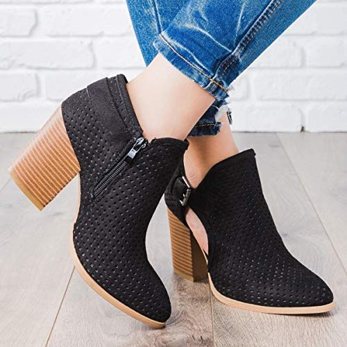 Womens Cut Out Booties Ankle Strap Block Heel Pumps Leather Stitch Boots Black