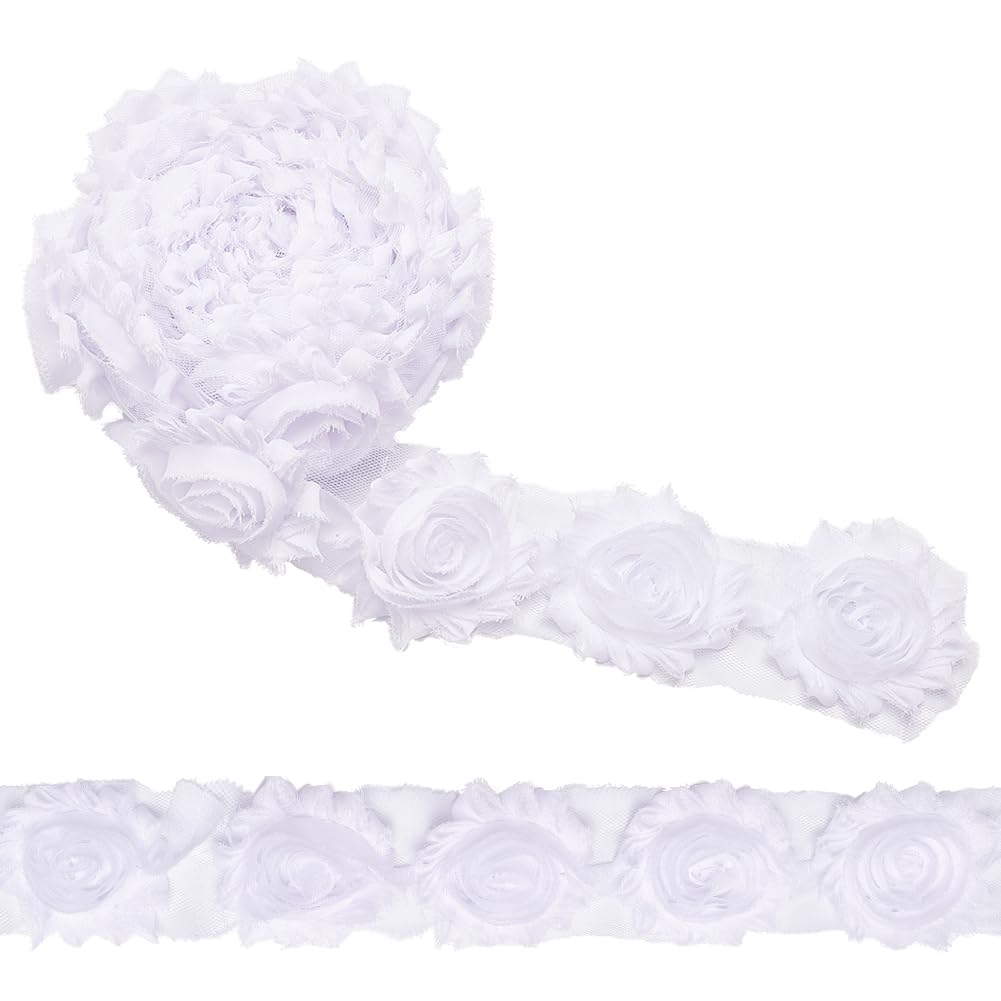 MAYJOYDIY 4.5mx65mm White Chiffon Rose Lace Trim, Shabby Flower Trim Braided Lace Trim Applique Trimming Craft for Sewing Wedding Dress Decoration Accessories
