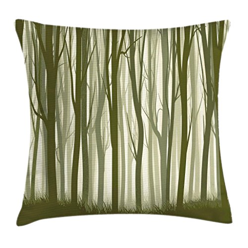 Ambesonne Forest Throw Pillow Cushion Cover, Mother Nature Theme Illustration of Mystical Forest with Trees Print, Decorative Square Accent Pillow Case, 18" X 18", Army Green