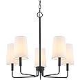 Homebelife Chandelier, Matte Black with White Fabric Shade, Farmhouse Linear Island Lighting Fixture for Kitchen, Dining Room (5-Light Matte Black with Fabric Shades)