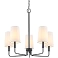 Homebelife Chandelier, Matte Black with White Fabric Shade, Farmhouse Linear Island Lighting Fixture for Kitchen, Dining Room