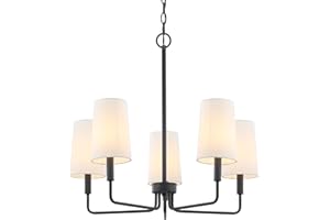 Homebelife Chandelier, Matte Black with White Fabric Shade, Farmhouse Linear Island Lighting Fixture for Kitchen, Dining Room (5-Light Matte Black with Fabric Shades)