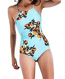 tengweng Women's High Neck Floral Printed Lace up One Piece Monokini Swimsuit Bikini M BK01