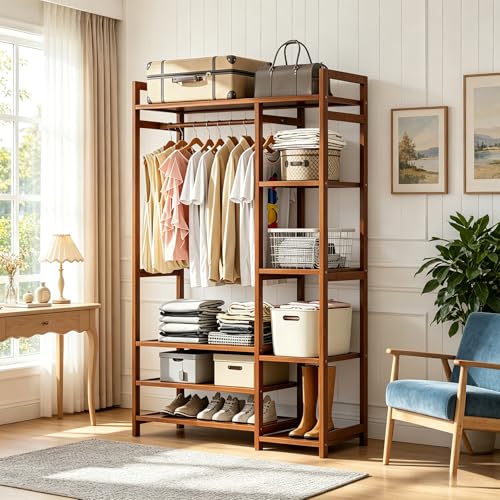 Perchero de Bambú Multiusos con 6 Niveles, Perchero para ropa Resistente con Barra para Colgar y Estantes de Almacenamiento, Adecuado para Dormitorio, Balcón y Lavandería,120 * 30 * 150CM（Marrón）